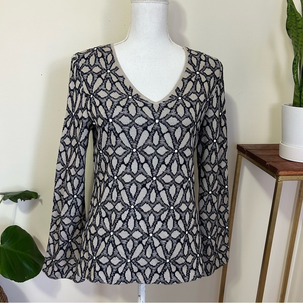 St John Sport Printed V Neck Sweater in Taupe & Black sz PS